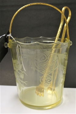 Yellow Depression Glass Ice Bucket with Metal Handle and Tongs - Bucket Measures 5 3/4 tall 6 across