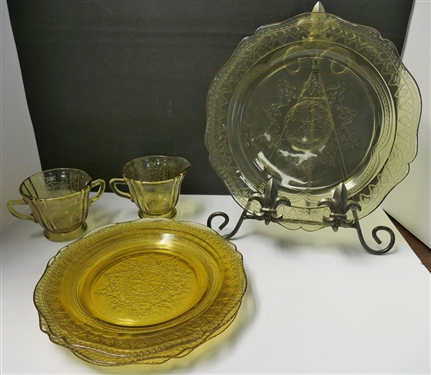 6 Pieces of Amber Depression Glass - Madrid and Spoke Patterns - 3 - 9 Plates, Cream & Sugar, and 10 1/2 Plate