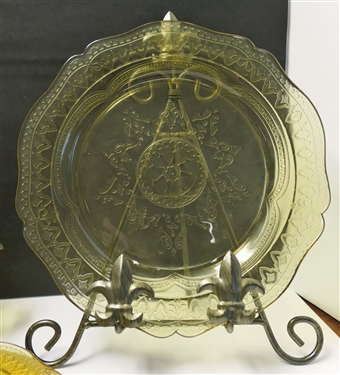 6 Pieces of Amber Depression Glass - Madrid and Spoke Patterns - 3 - 9 Plates, Cream & Sugar, and 10 1/2 Plate