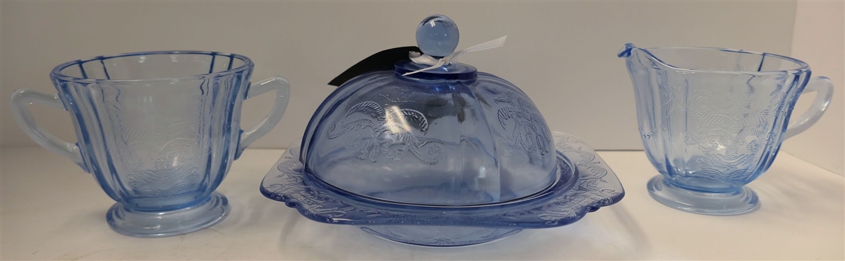 Modern Blue Madrid Butter Dish and Cream & Sugar Set