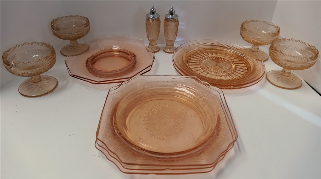 Lot of 13 Pieces of  Pink Depression Glass -Including 4 Sherbets, 8 1/2" Plates,  Salt & Pepper Shakers, Princess Plates (2 Have Chips) 