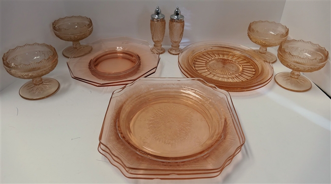 Lot of 13 Pieces of  Pink Depression Glass -Including 4 Sherbets, 8 1/2 Plates,  Salt & Pepper Shakers, Princess Plates (2 Have Chips) 