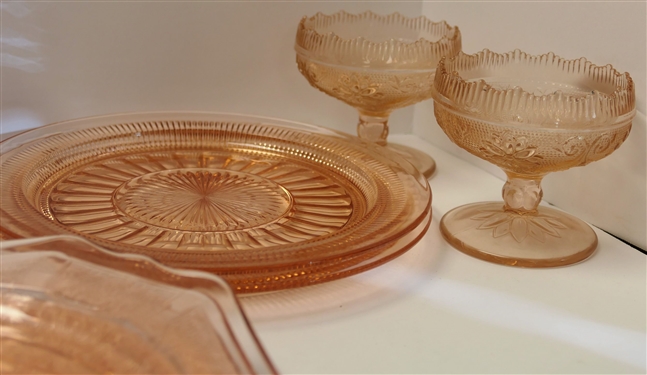 Lot of 13 Pieces of  Pink Depression Glass -Including 4 Sherbets, 8 1/2 Plates,  Salt & Pepper Shakers, Princess Plates (2 Have Chips) 