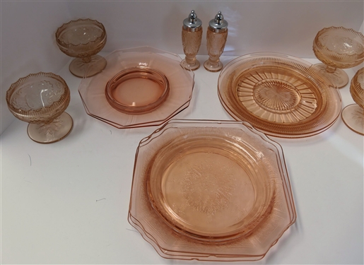 Lot of 13 Pieces of  Pink Depression Glass -Including 4 Sherbets, 8 1/2 Plates,  Salt & Pepper Shakers, Princess Plates (2 Have Chips) 