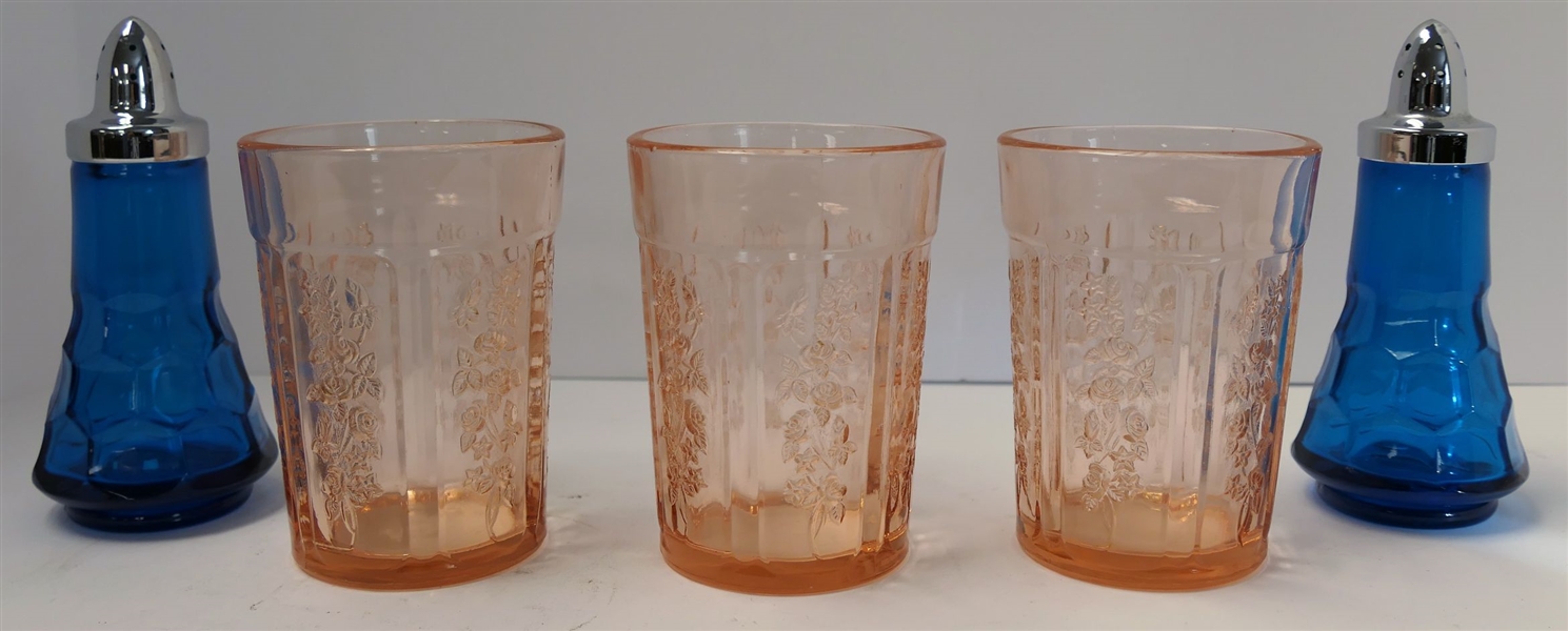 3 Pink Depression Cabbage Rose Tumblers and Pair of Blue Shakers - Tumblers Measure 4" Tall Shakers 5 1/2" Tall 
