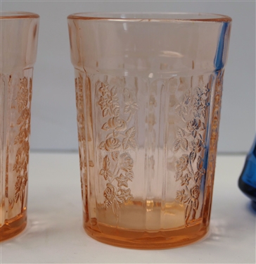 3 Pink Depression Cabbage Rose Tumblers and Pair of Blue Shakers - Tumblers Measure 4 Tall Shakers 5 1/2 Tall 