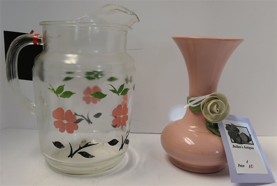 Ice Lip Pitcher with Pink Flowers and Peach Vase with White Flower - Vase Measures 7 1/2" Tall 