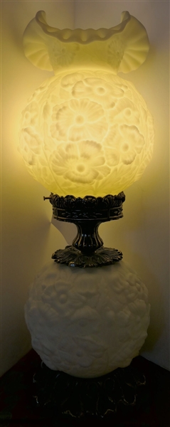 Custard Satin Glass Lamp by Fenton - Lighted Top and Bottom - Light Yellow in Color - Measures 23" Tall 