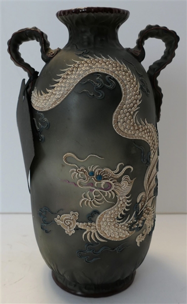 Hand Painted Nippon Moriage Dragon Vase- Double Handled - Measuring 10" Tall 