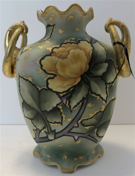 Hand Painted Nippon Vase with Yellow Flowers - Double Ring Handles - Measures 10" Tall 8" Across