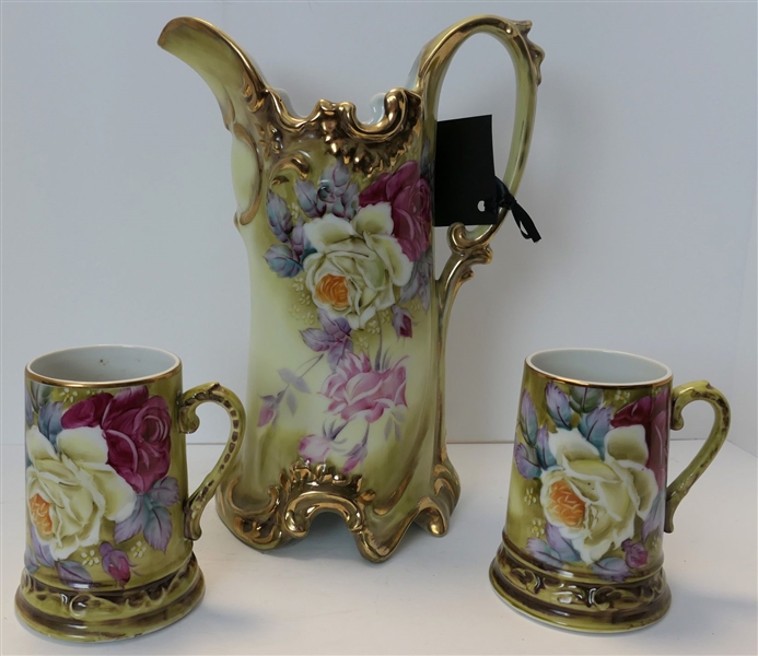 Beautiful Hand Painted Nippon Rose Pitcher and 2 Mugs - Pitcher Measures 11" Tall Mugs 5" tall 