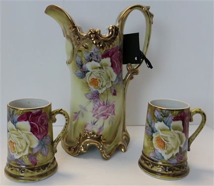 Beautiful Hand Painted Nippon Rose Pitcher and 2 Mugs - Pitcher Measures 11 Tall Mugs 5 tall 