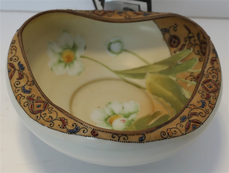 Hand Painted Nippon Bowl with White Flowers - Measures 7 1/2" Across