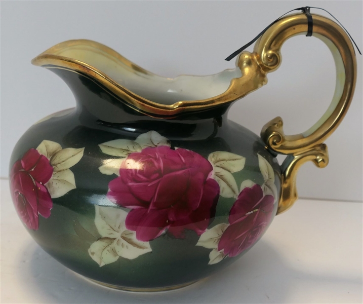 Hand Painted Nippon Red Rose Squatty Pitcher with Gold Handle and Trim - Measures 7 1/2" Tall 9" Spout to Handle