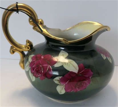Hand Painted Nippon Red Rose Squatty Pitcher with Gold Handle and Trim - Measures 7 1/2 Tall 9 Spout to Handle