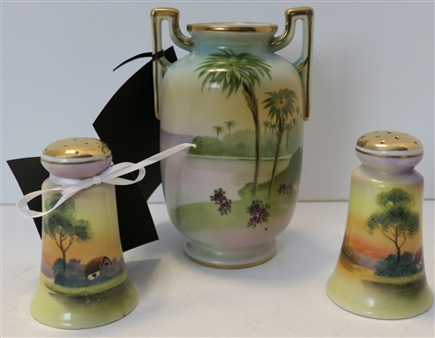 3 Pieces of Hand Painted Nippon Barn Scene Salt & Pepper Shakers and Vase with Palm Trees - Vase Measures 6 tall 