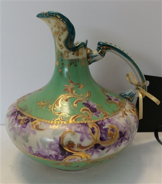 3 Pieces of Hand Painted Porcelain - Nippon Cream and Sugar Dishes and Green and Purple Floral Pitcher  - Pitcher Measures 6 1/2 tall 