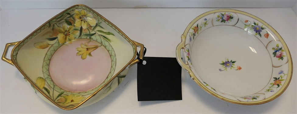 2 Hand Painted Nippon Bowls - Diamond Shaped Bowl with Yellow Flowers and Multi Colored Flowers - Yellow Bowl Measures 8 Across