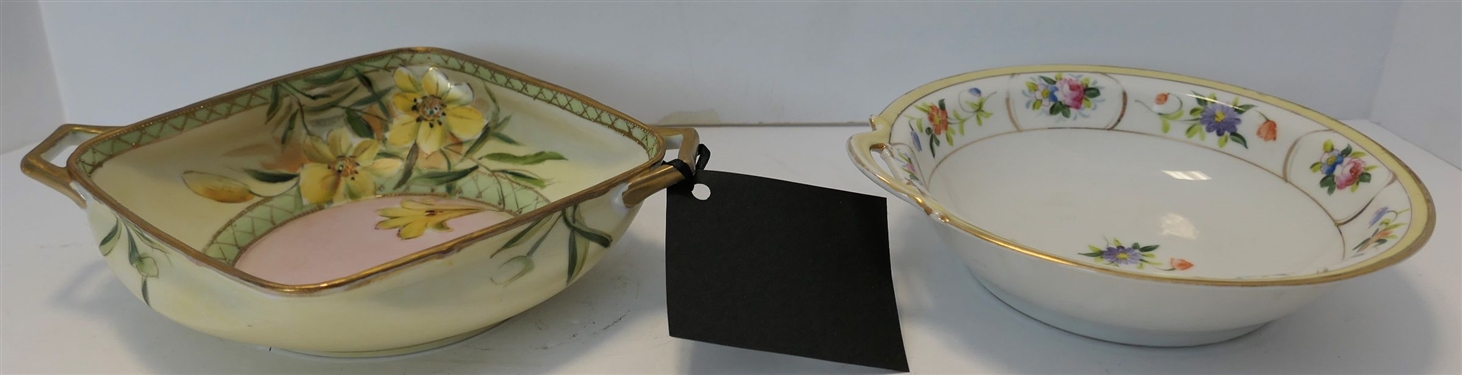 2 Hand Painted Nippon Bowls - Diamond Shaped Bowl with Yellow Flowers and Multi Colored Flowers - Yellow Bowl Measures 8 Across