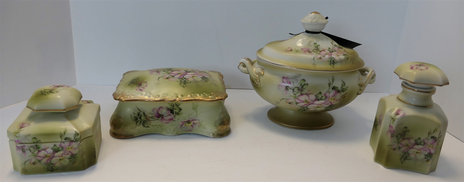 4 Piece Hand Painted Nippon Dresser Set - 2 Bottles, Rectangular Box with Lid, and Oval Handled Dish - Oval Dish Measure 7" tall 7" Across by 4" - Largest Bottle Measures 5" Tall 