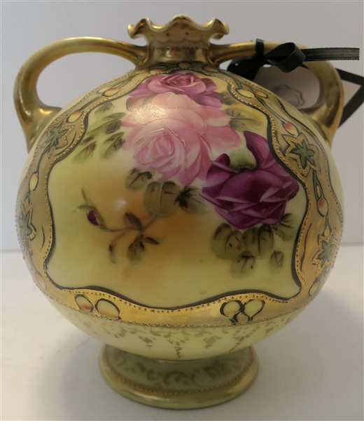 Hand Painted Nippon Double Handled Vase - with Roses and Gold Moriage Decoration 8" Tall