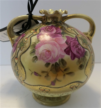 Hand Painted Nippon Double Handled Vase - with Roses and Gold Moriage Decoration 8 Tall