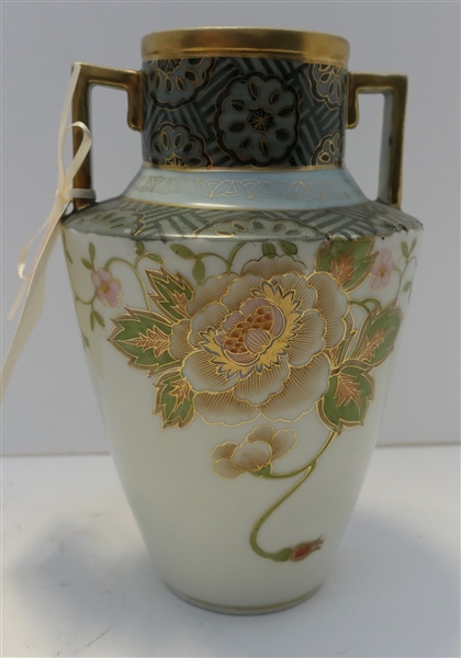 Beautiful Hand Painted Nippon Vase with Light Blue Flower and Blue Striped Decoration - Measures 8 1/2" Tall 