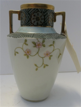 Beautiful Hand Painted Nippon Vase with Light Blue Flower and Blue Striped Decoration - Measures 8 1/2 Tall 