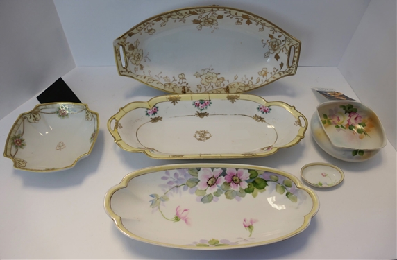 6 Pieces of Hand Painted Nippon - 3 Oval Plates, 2 Small Bowls, and Tiny Oval Bowl - Largest Oval Dish with Handles Measures 13 Long and Has Small Chip - Smallest measures 2 3/4 Long