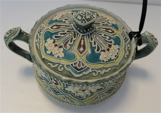 Moriage Double Handled Dish with Lid - Measures 4 Tall 8 Handle to Handle 
