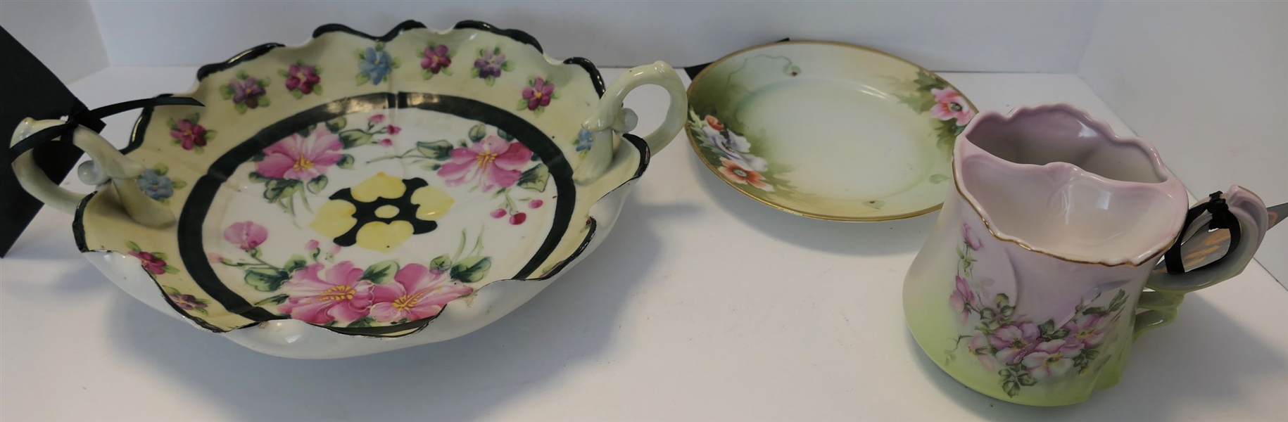 3 Pieces of Hand Painted Nippon including Shaving Mug, Small Plate and 11" Double Handled Dish 