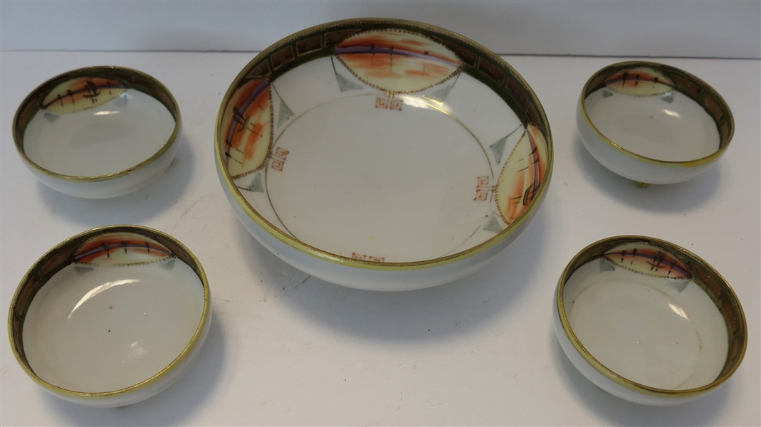 5 Piece Hand Painted Nippon Footed Bowl Set - Largest Bowl Measures 6" Across Smaller Bowls Measure 3 1/4" 