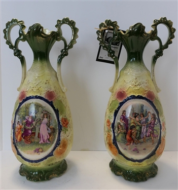 Pair of Victorian Scene Floral Mantle Vases with Double Handles - Measuring 15 tall - Some Overall Crazing 