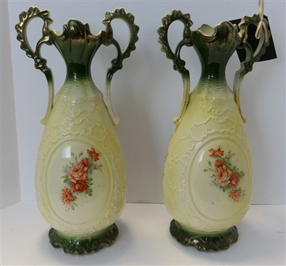 Pair of Victorian Scene Floral Mantle Vases with Double Handles - Measuring 15 tall - Some Overall Crazing 