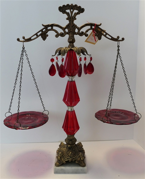 1970s Ruby Red Glass Scale Style Centerpiece with Red Crystals on Marble Base  - Measures 20 1/2" Tall 18" Across