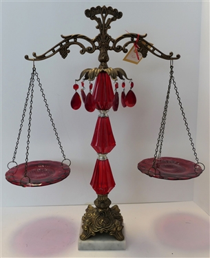 1970's Ruby Red Glass Scale Style Centerpiece with Red Crystals on Marble Base  - Measures 20 1/2 Tall 18 Across