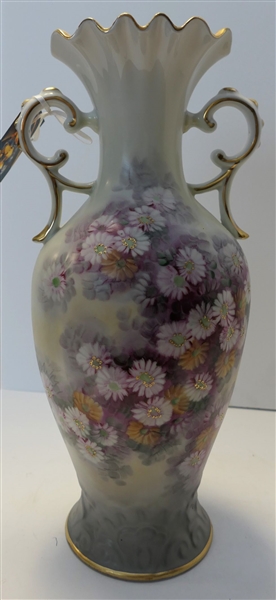 Pretty Hand Painted Mum Flower Decorated Double Handled Vase with Gold Decoration - Measuring 14" Tall 
