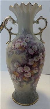 Pretty Hand Painted Mum Flower Decorated Double Handled Vase with Gold Decoration - Measuring 14 Tall 