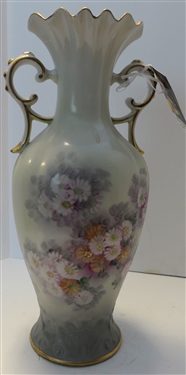 Pretty Hand Painted Mum Flower Decorated Double Handled Vase with Gold Decoration - Measuring 14 Tall 