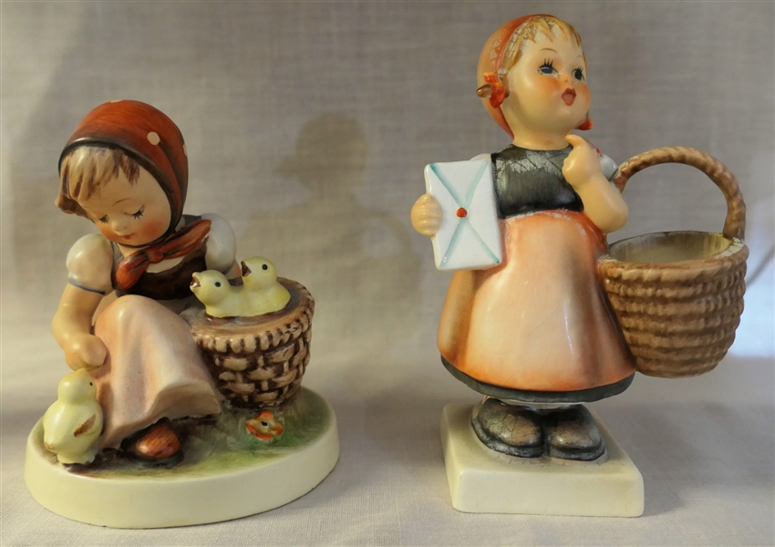 2 Hummel Figures - Full Bee Little Girl with Chicks and Girl with Letter and Basket - Measuring 4 1/2" Tall 