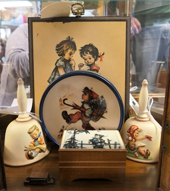 1978, 1979 Hummel Bells, Wood Hummel Plaque, Oval Tin, and Hummel Music Box