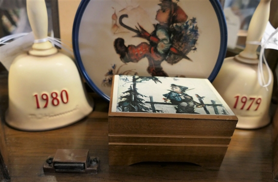 1978, 1979 Hummel Bells, Wood Hummel Plaque, Oval Tin, and Hummel Music Box