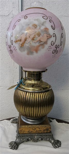 Beautiful Claw Foot Lamp with Hand Painted Cherub Shade - Measures 23" Tall 