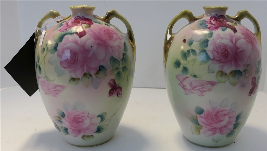 Pair of Rose Hand Painted Vases with Double Handles - Each Vase Measures 8" tall 