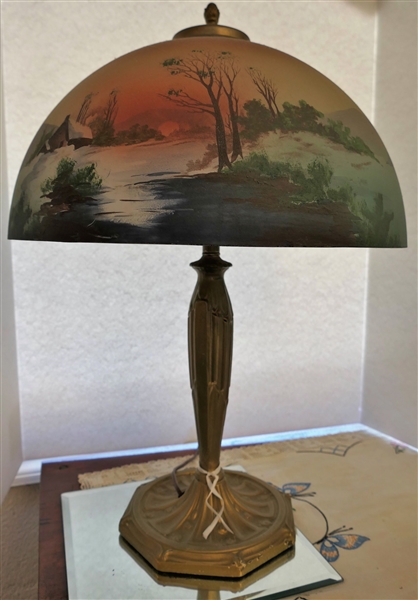 Beautiful Reverse Painted Lamp with Log Cabin Mountain Scene - Nice Heavy Base - Lamp Measures 23" tall 