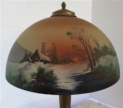 Beautiful Reverse Painted Lamp with Log Cabin Mountain Scene - Nice Heavy Base - Lamp Measures 23 tall 