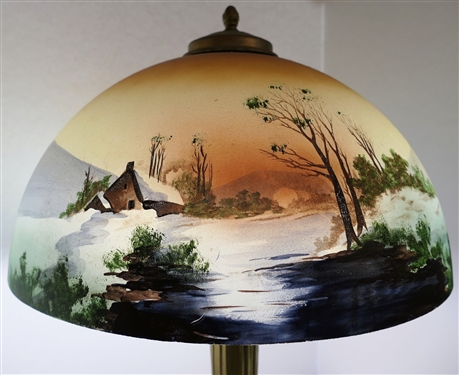 Beautiful Reverse Painted Lamp with Log Cabin Mountain Scene - Nice Heavy Base - Lamp Measures 23 tall 
