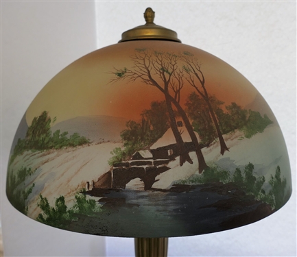 Beautiful Reverse Painted Lamp with Log Cabin Mountain Scene - Nice Heavy Base - Lamp Measures 23 tall 