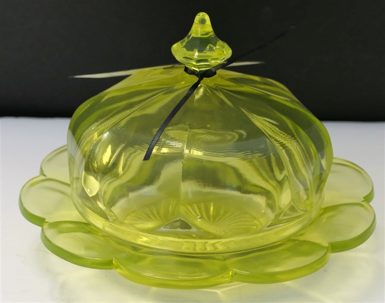 Vaseline Glass Butter Dish with Lid - Measures 7 1/4" Across
