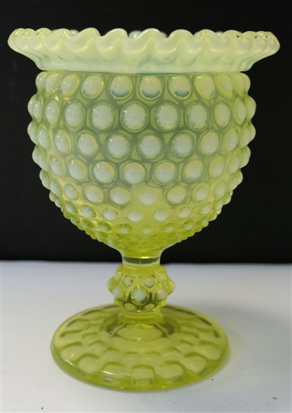 Hobnail Opalescent Vaseline Glass Vase - FG on Bottom - Measures 6 1/4" Tall 